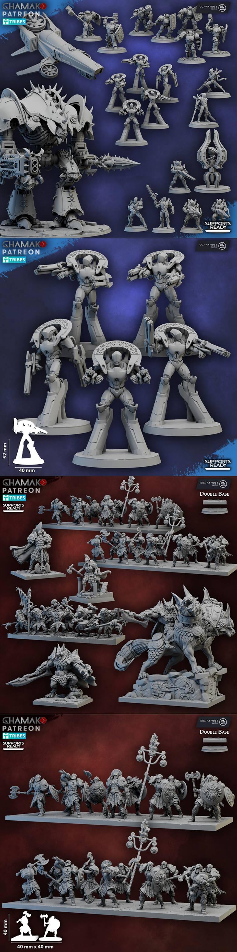 Collection of 3D printable miniatures including sci-fi mechs, armored soldiers, fantasy warriors with axes and shield...