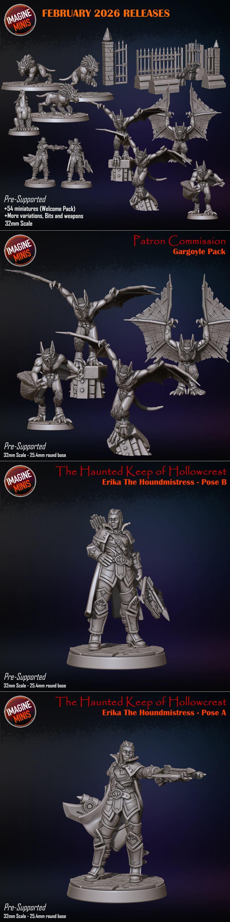 Collection of 3D printable miniatures: gargoyles, fantasy creatures, and two poses of Erika The Houndmistress, all in...