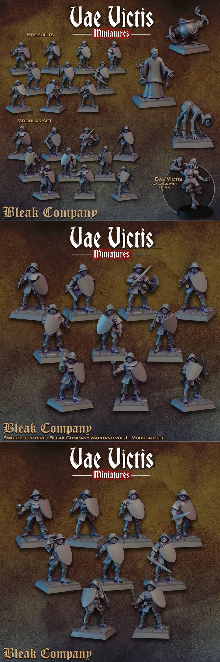 Collection of medieval-style 3D printable miniatures for tabletop gaming, featuring swordsmen with shields, presented...