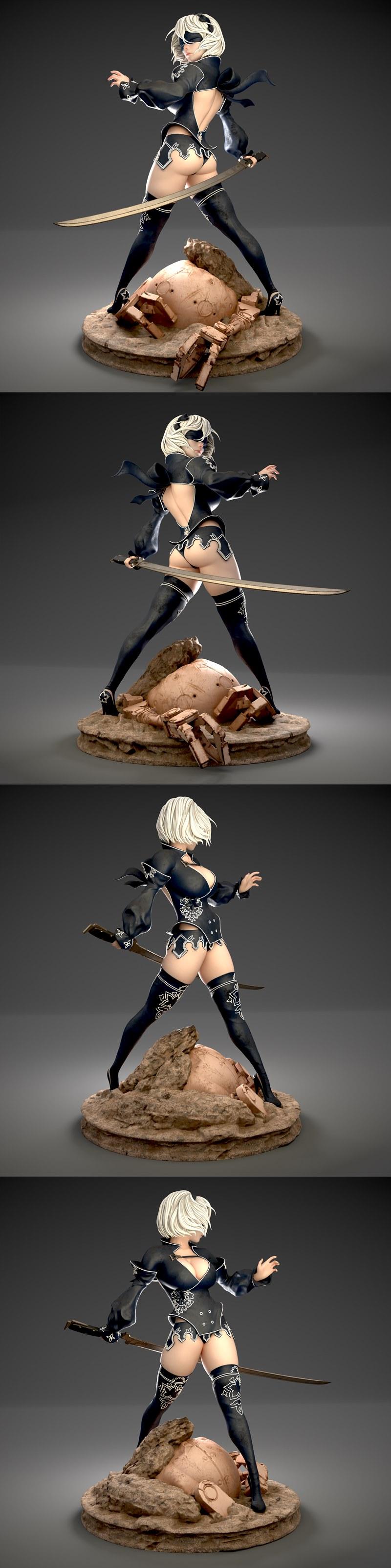 3D model of Nier Automata's 2B in a combat pose with a sword, wearing a short black dress and thigh-highs, standing o...