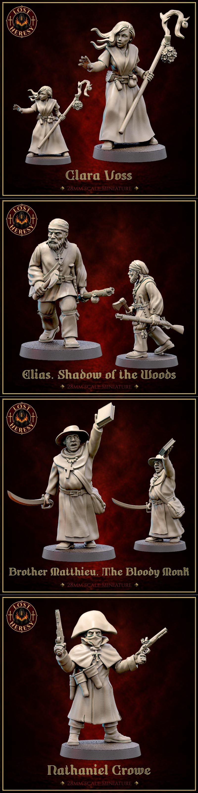 Collection of 28mm scale miniatures: Clara Voss with staff, Alias with axe and rifle, Brother Matthieu with sword and...