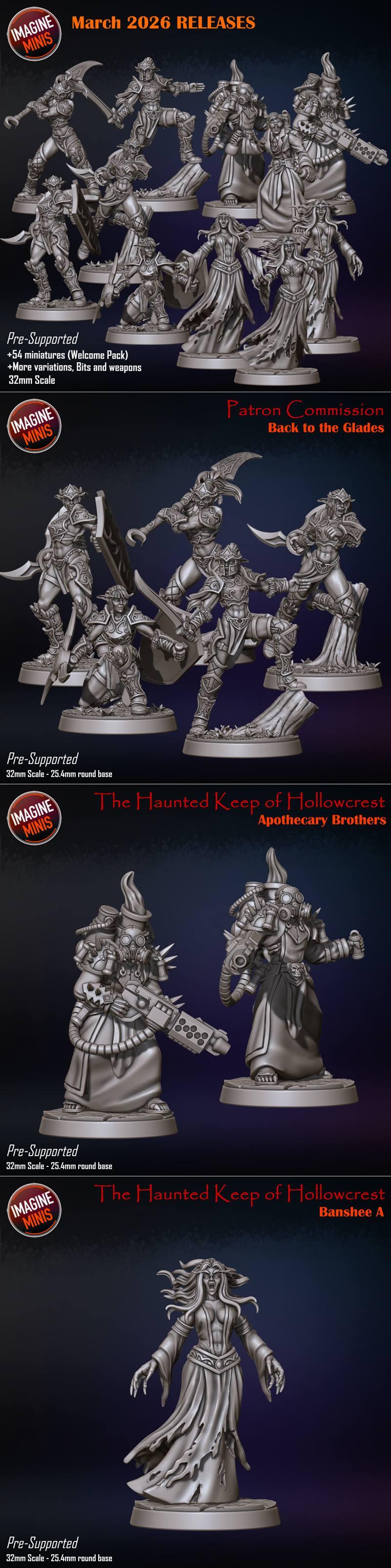 Collection of fantasy 3D printable miniatures from Imagine Minis, including elven warriors, steampunk-esque apothecar...