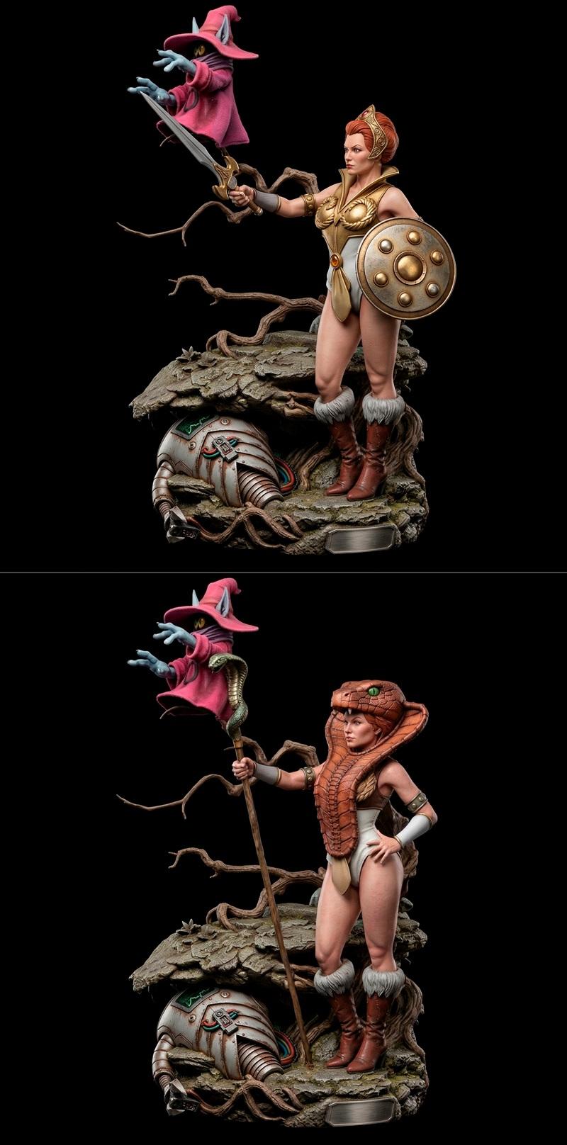 Teela figure with shield and sword, standing on a rocky base with a defeated robot. A sorcerer figure is perched above.