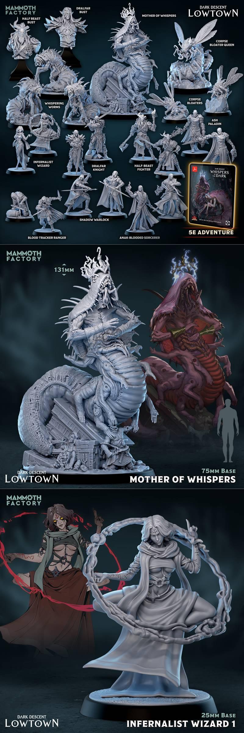 Collection of dark fantasy miniatures from Mammoth Factory, including a large Mother of Whispers, Corpse Bloaters, In...