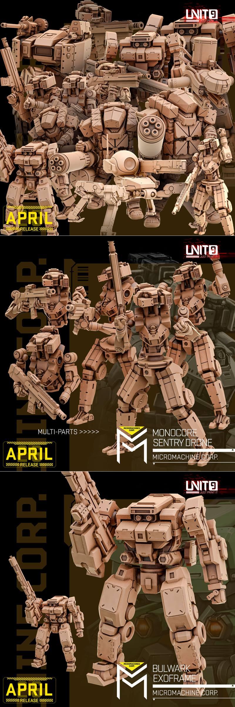 Collection of tan 3D printed mech and robot models with guns and armor. Designs include Monocore Sentry Drone and Bul...