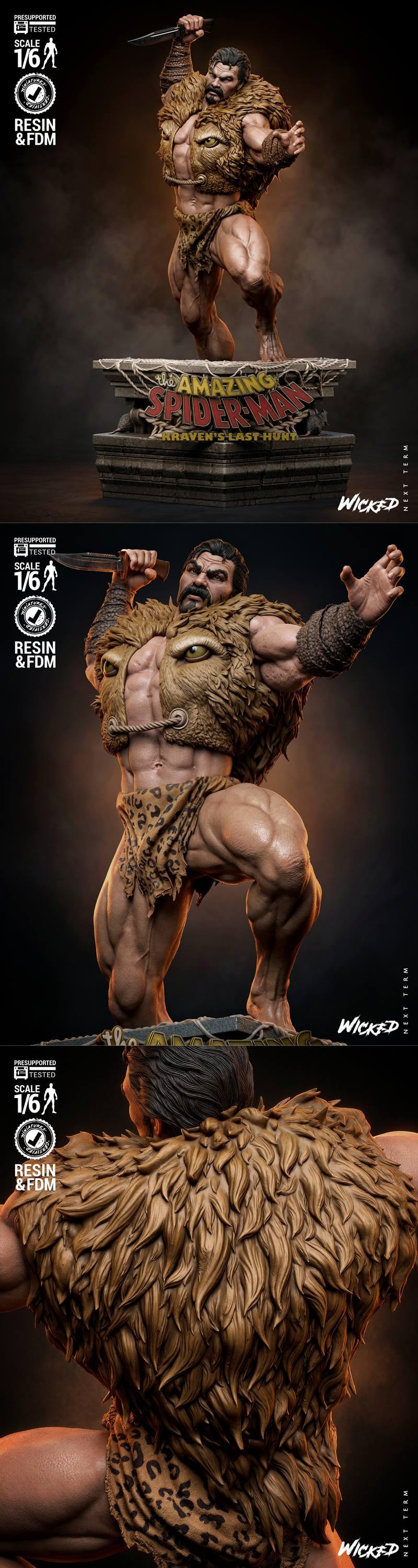 Kraven the Hunter figure in a powerful stance, holding a knife, wearing tribal fur and leopard print, with 'The Amazi...