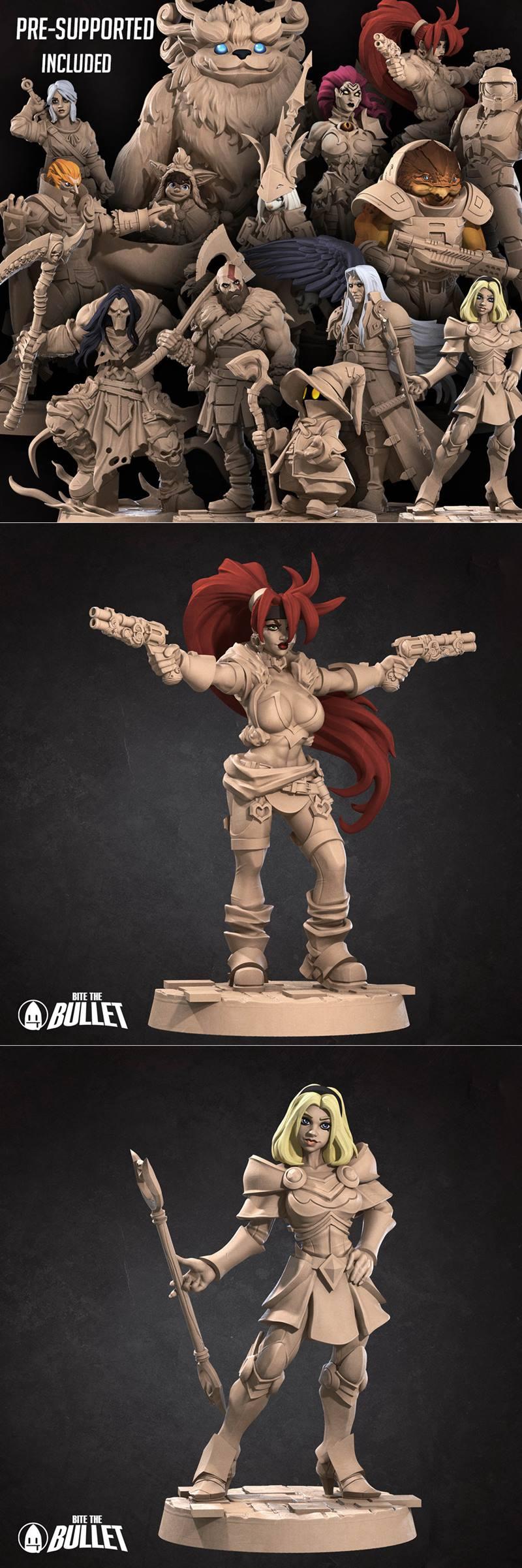 Collection of fantasy miniatures: female gunslinger with dual pistols, blonde female warrior with staff, armored warr...