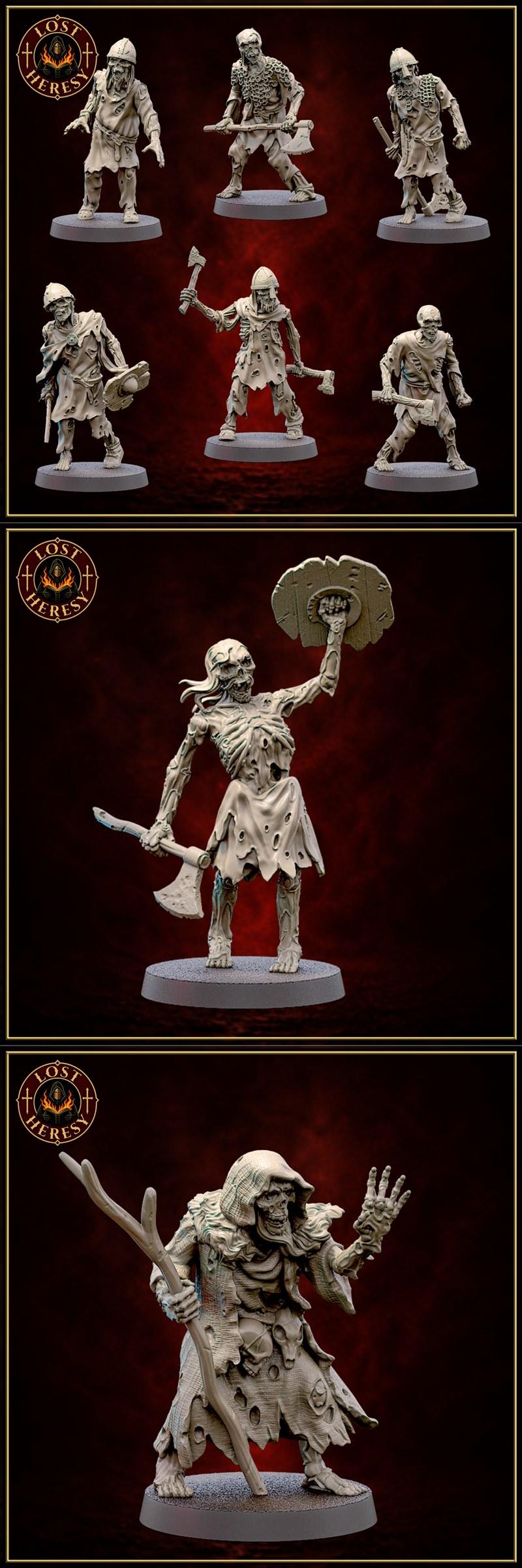 Collection of undead miniatures: skeletons and zombies with axes, shields, and staffs, presented on round bases. Tatt...