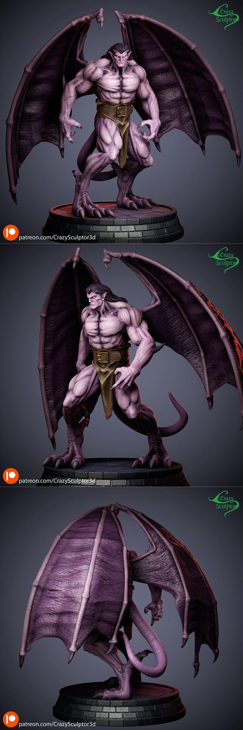 Muscular purple gargoyle with large dark wings, wearing a loincloth and belt, standing on a stone base. Detailed scul...