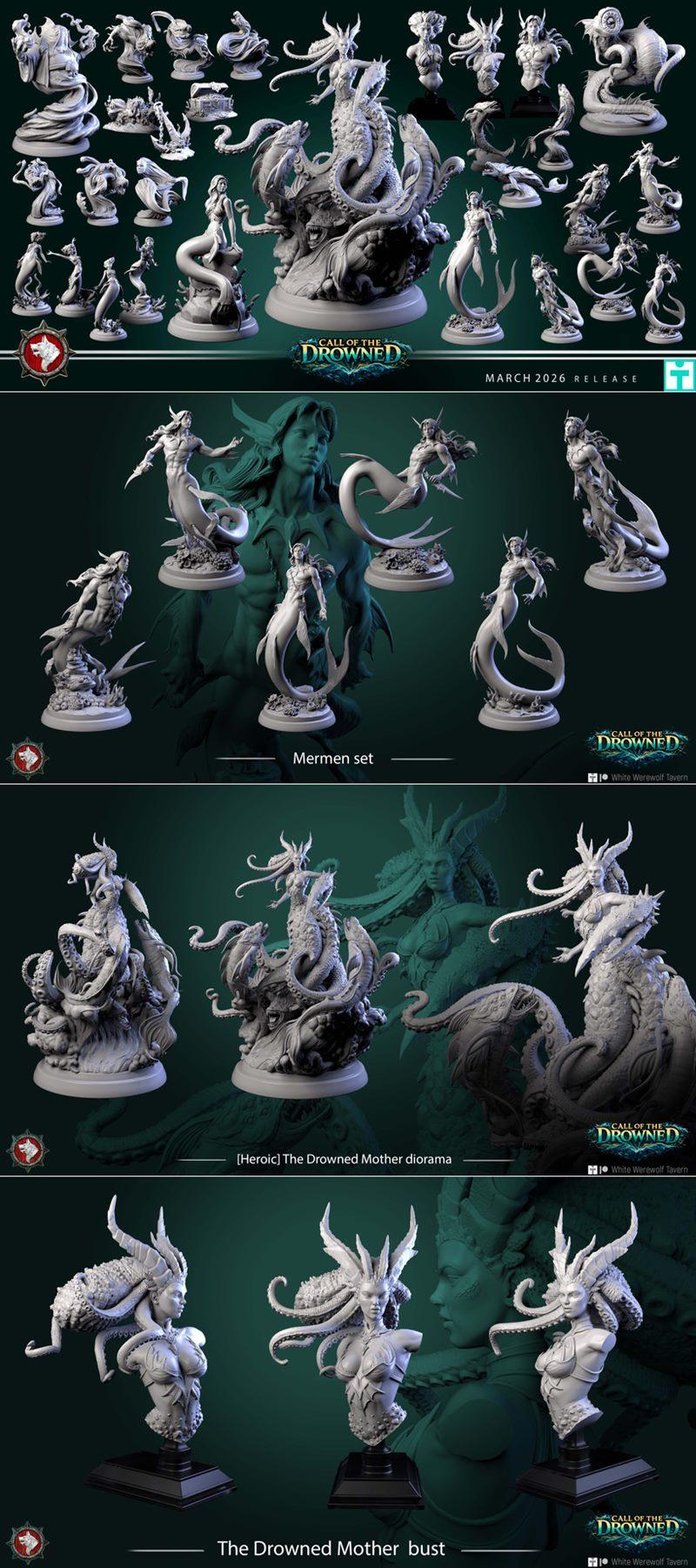 Collection of White Werewolf Tavern 3D print models: mermen, a large Drowned Mother diorama with tentacles, and Drown...