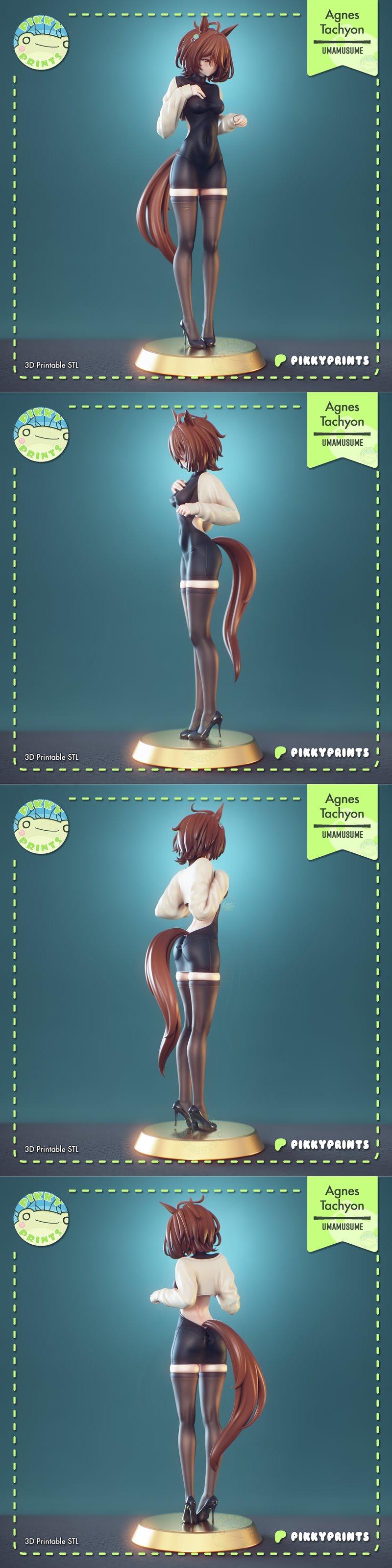 Agnes Tachyon character 3D model, wearing a black leotard, white shirt, stockings, and heels, with a prominent horse...