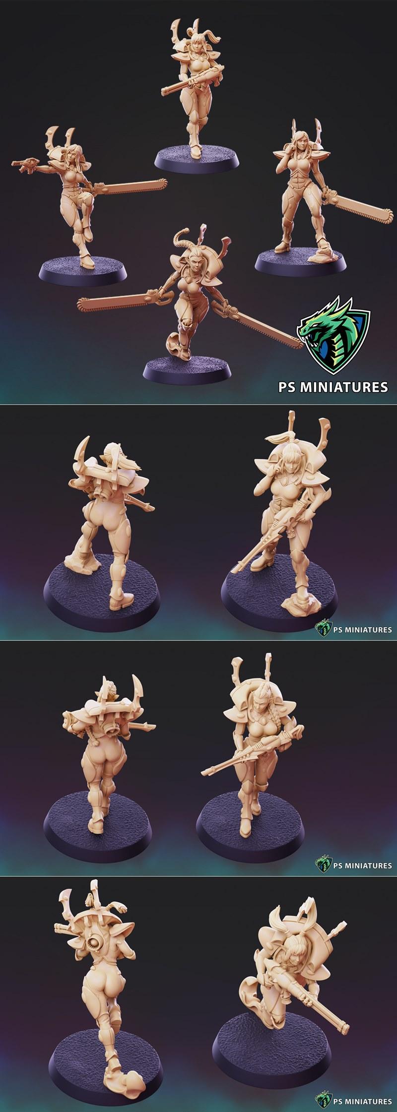 Collection of female space elf miniatures with sci-fi armor and weapons, including rifles and chainswords, on display...