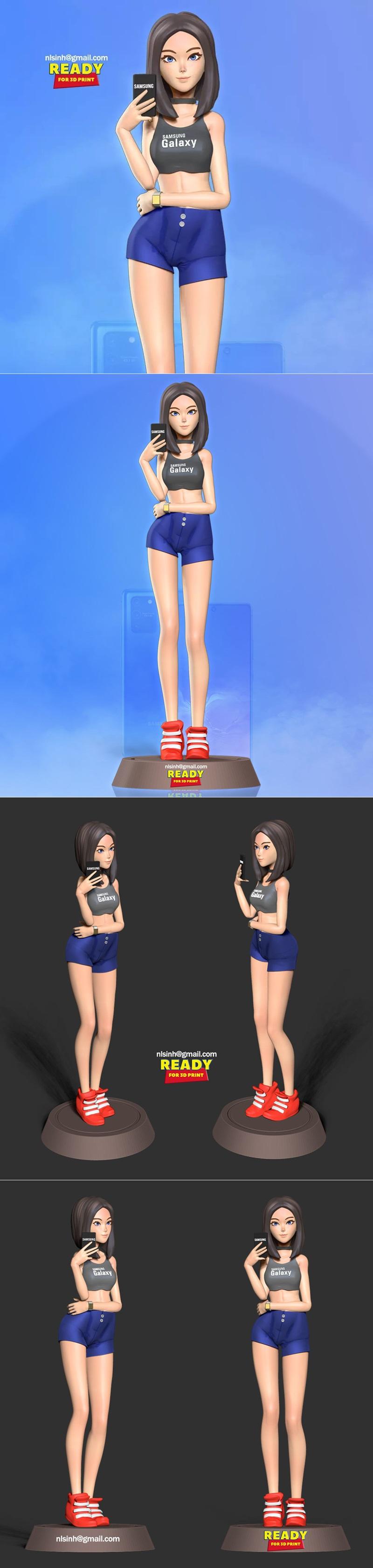 Stylized anime-inspired female character, Samantha, in a crop top and shorts, holding a Samsung Galaxy phone for a se...