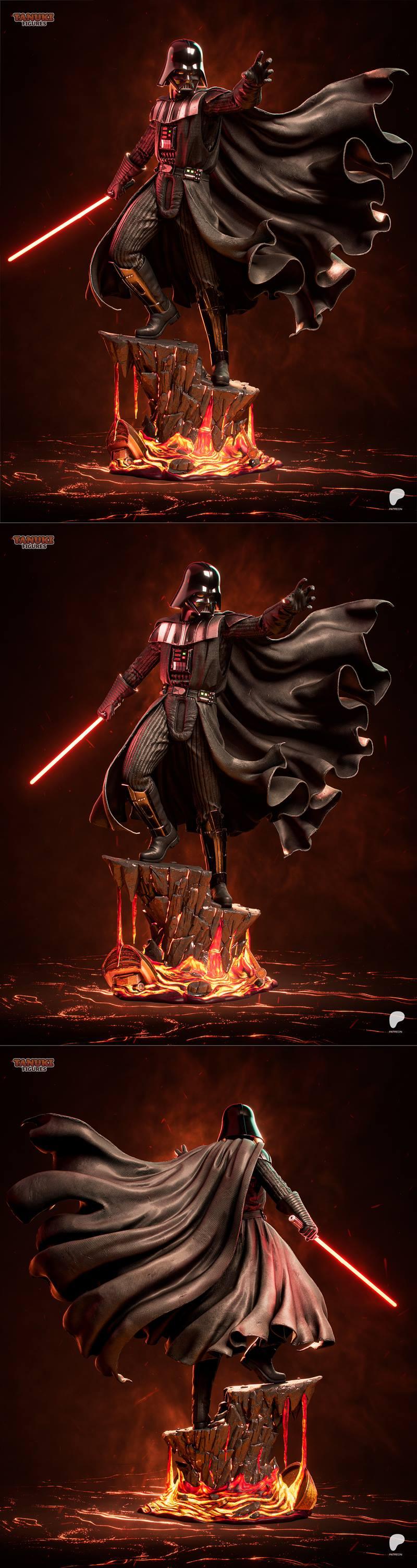 Darth Vader figure with a red lightsaber, standing on a rocky, lava-filled base. His black cape billows dramatically....