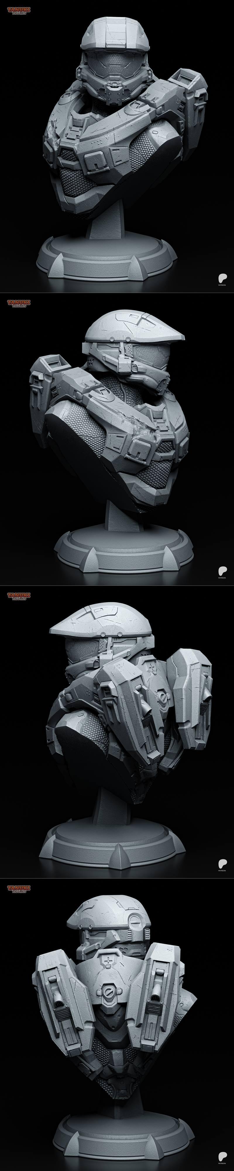Master Chief bust from Halo 4, featuring detailed Mjolnir armor and helmet, presented on a circular base. Sculpted by...