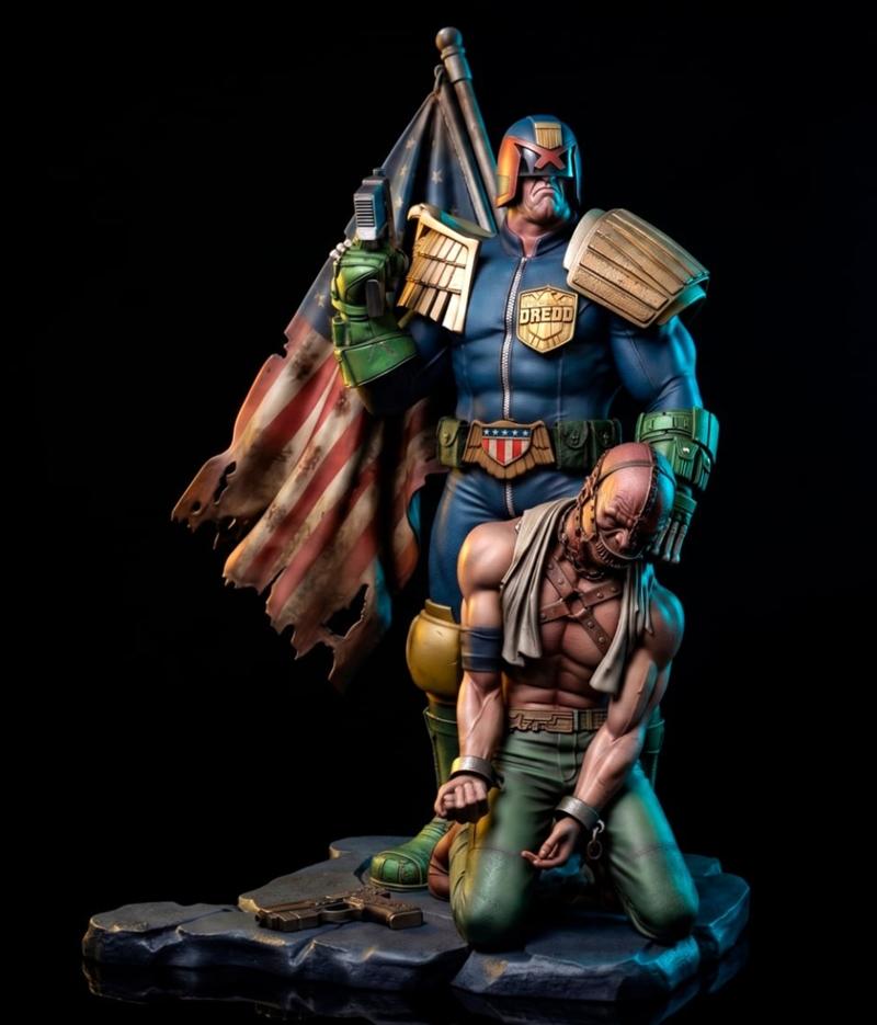 Judge Dredd figure holding a gun and tattered flag, standing over a kneeling prisoner. Detailed sci-fi armor and dyna...