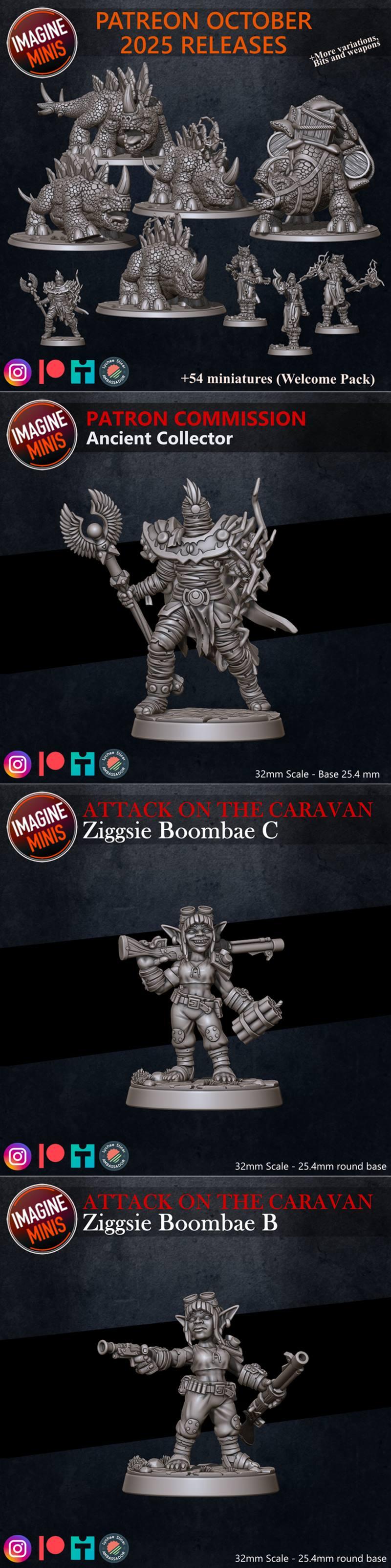 Collection of fantasy miniatures: spiky reptilian creatures, a warrior with a staff, and two goblin-like characters w...