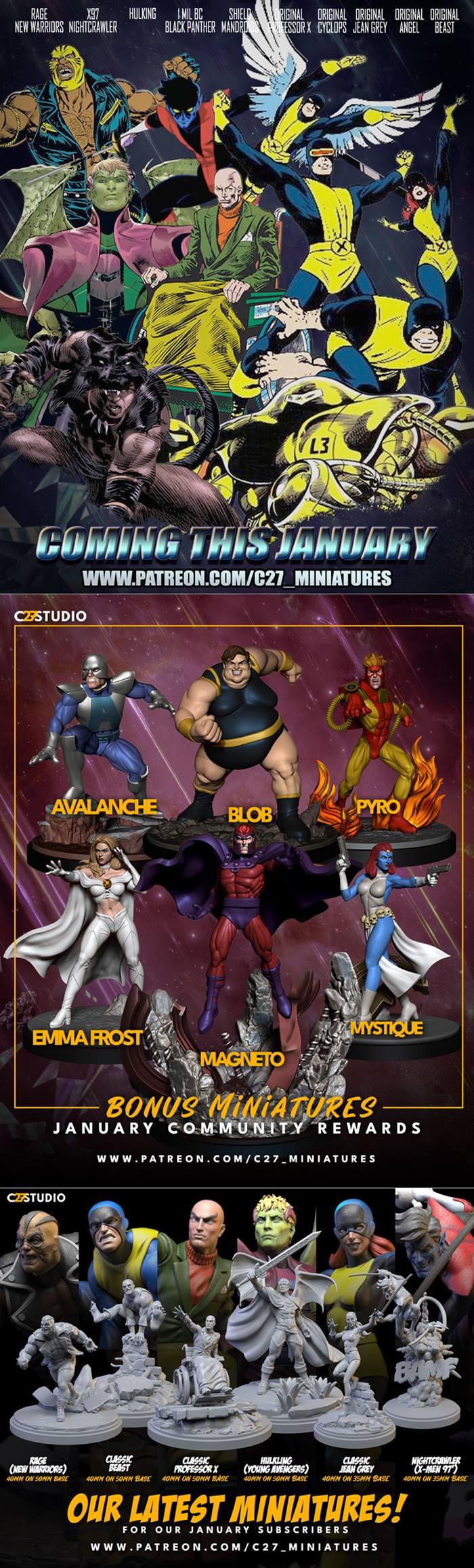 Collection of X-Men character miniatures: Magneto, Mystique, Emma Frost, Avalanche, Blob, Pyro, Professor X, Nightcra...