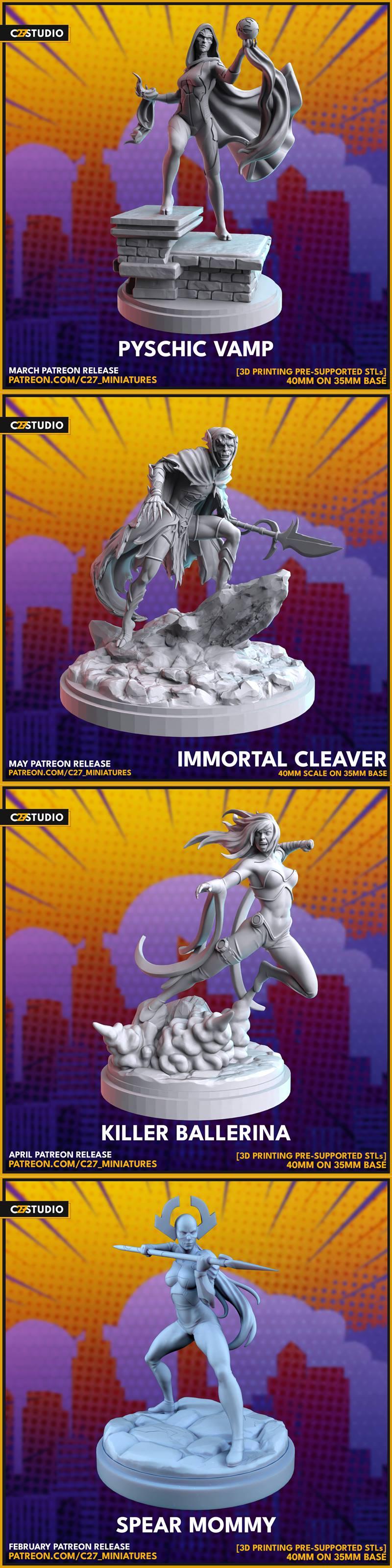 Collection of four fantasy miniatures: Psychic Vamp with sphere, Immortal Cleaver with axe, Killer Ballerina in mid-l...