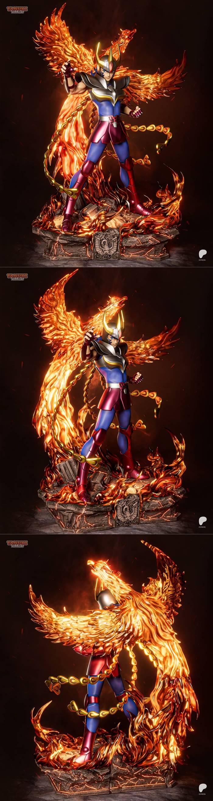 Phoenix Ikki figure from Saint Seiya, posed heroically with large, fiery phoenix wings and flames erupting from a roc...