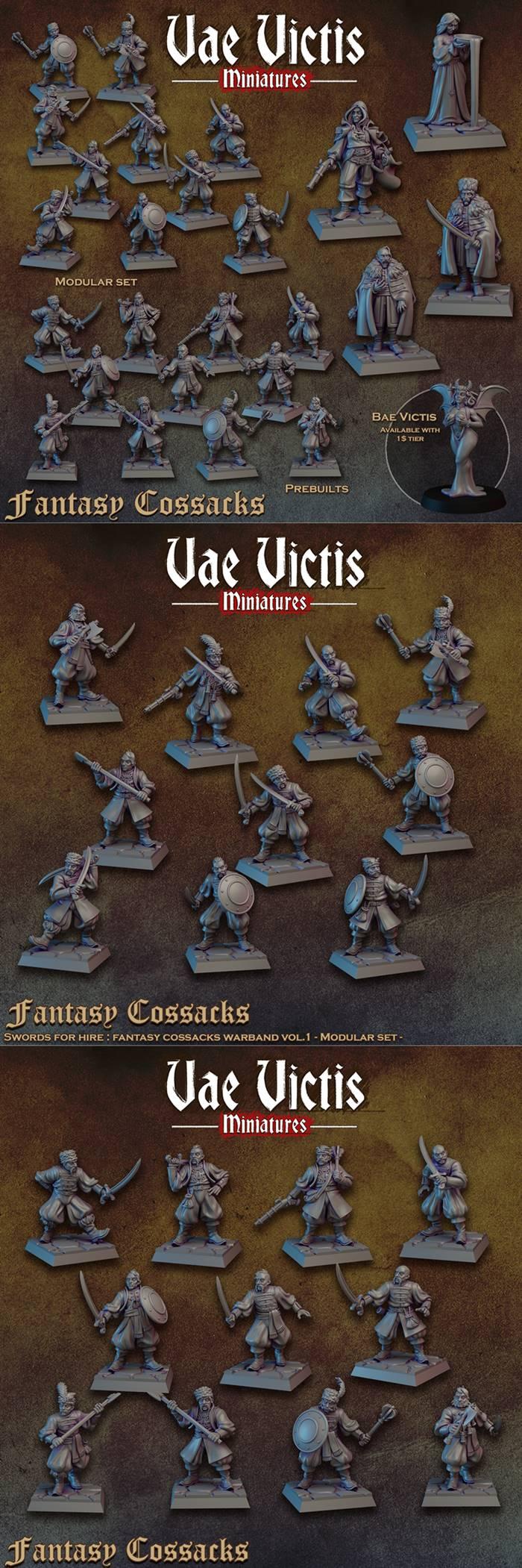 Collection of fantasy Cossack miniatures by Vae Victis Miniatures, shown on square bases with various weapons and armor.