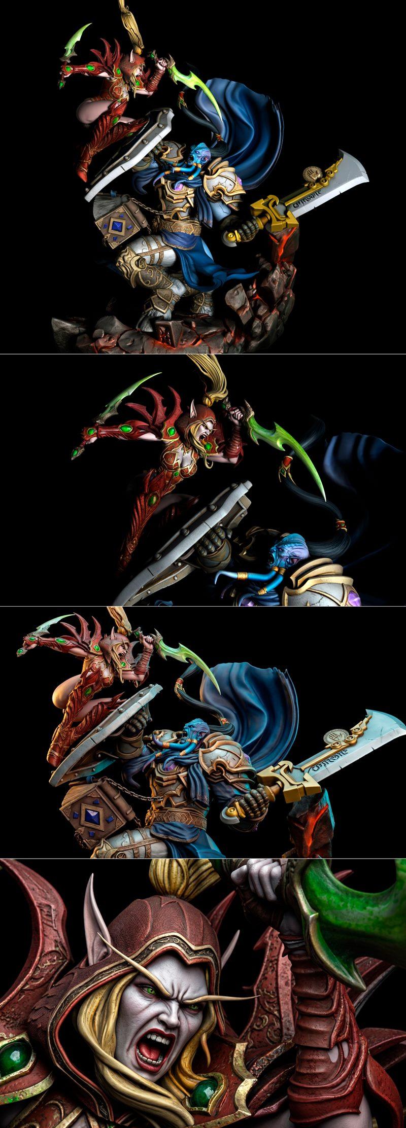 Vindicator Maraad and Valeera Sanguinar locked in combat, detailed 3D printable model from Black Owl Customs.