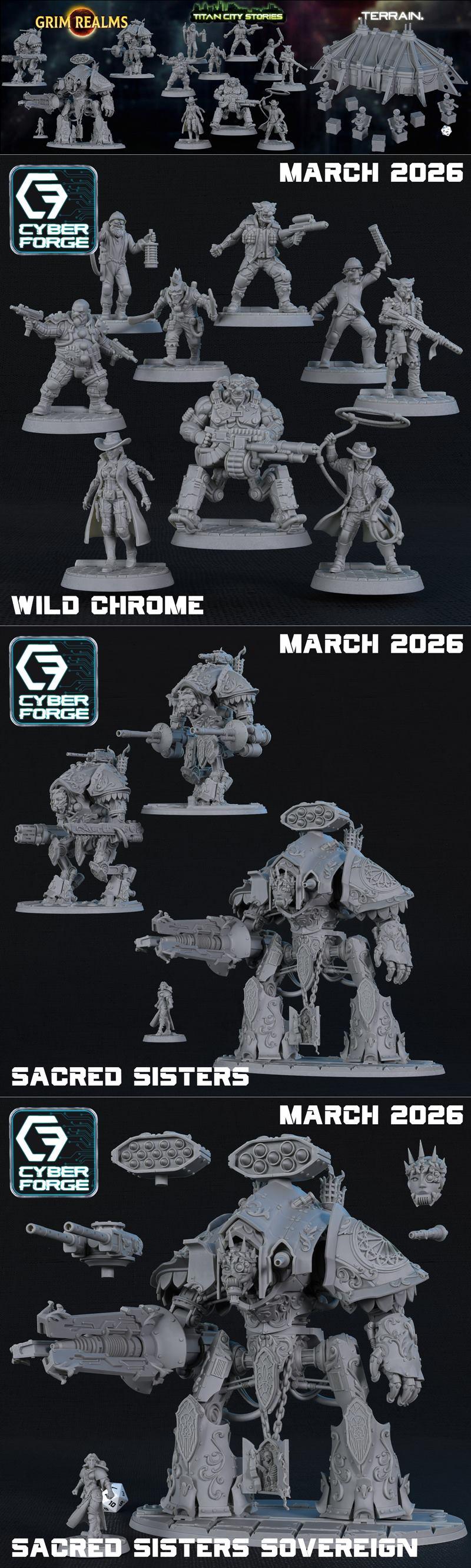 Collection of sci-fi and fantasy 3D printable miniatures from Cyber Forge Miniatures, including soldiers, mechs, a co...