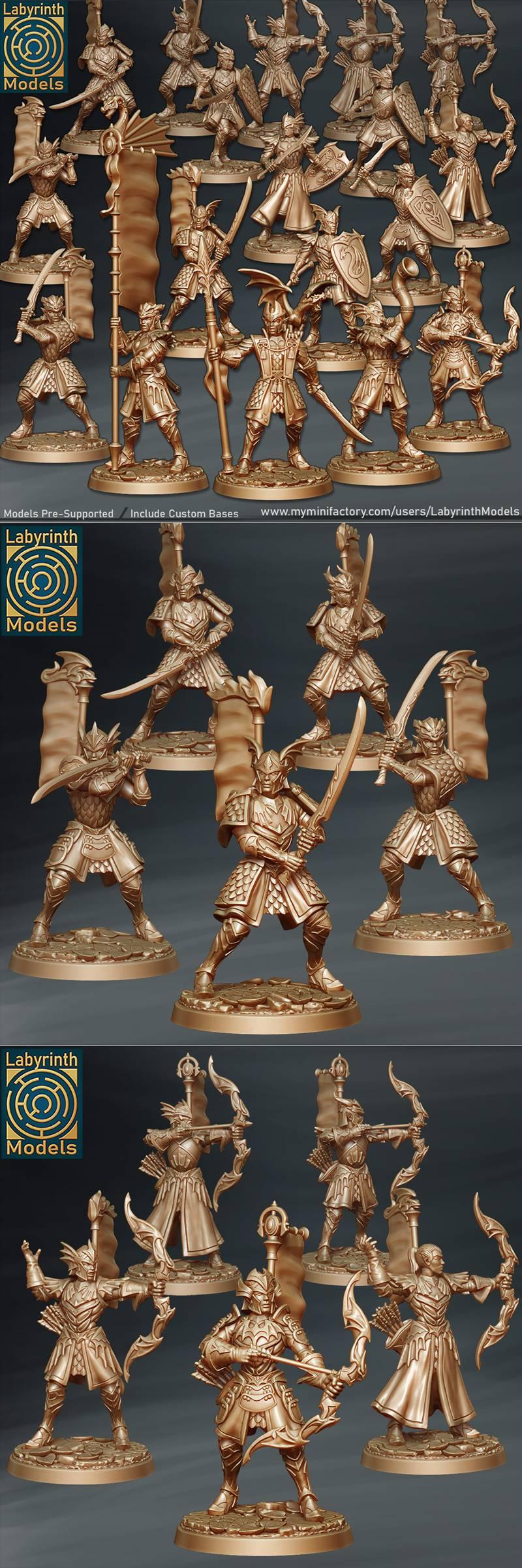 Collection of golden-bronze 3D printed elf miniatures with swords and bows, on textured bases. Some figures hold bann...