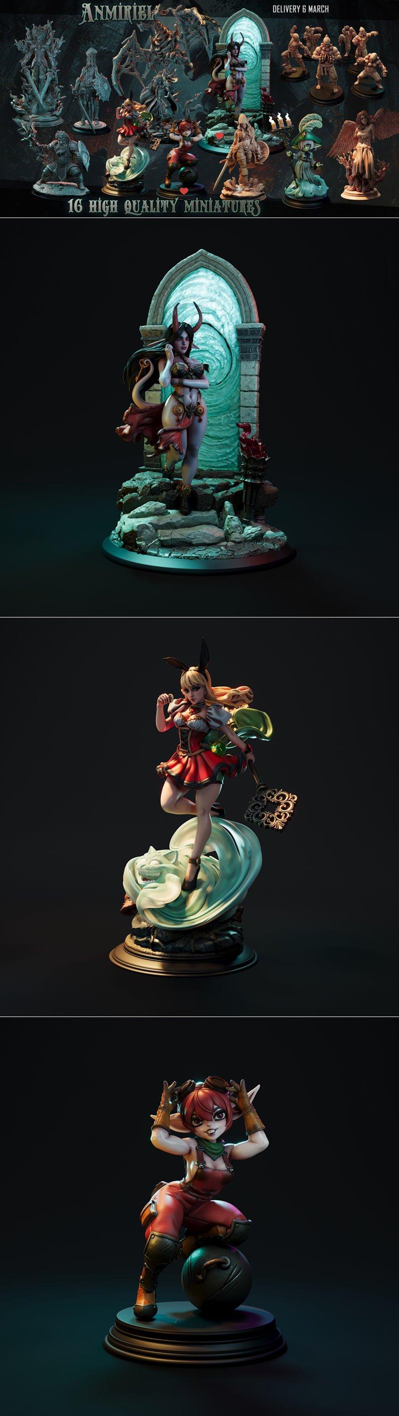 Collection of 16 fantasy 3D printable miniatures: a succubus by a portal, a bunny-eared woman with a key, and a gnome...
