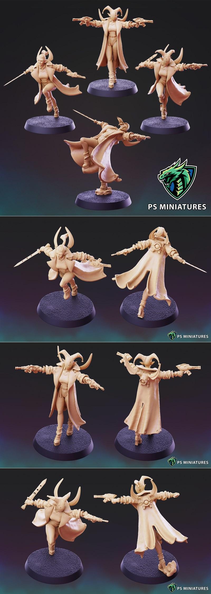 Three female sci-fi elf gangster miniatures with pistols and swords, each on a round base. One leaps forward, another...