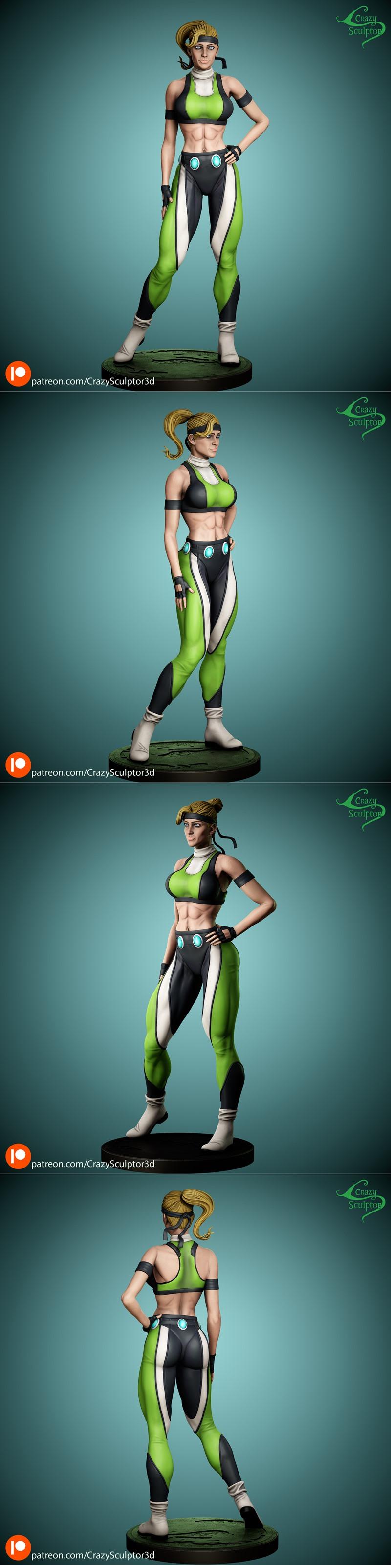 Sonya Blade 3D model in green and black combat outfit, standing with hand on hip, blonde ponytail, detailed musculature.