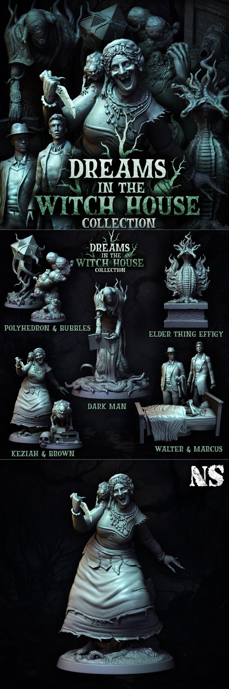 Collection of Lovecraftian horror miniatures: a witch with a knife, a tall robed figure, two men, and various creatur...