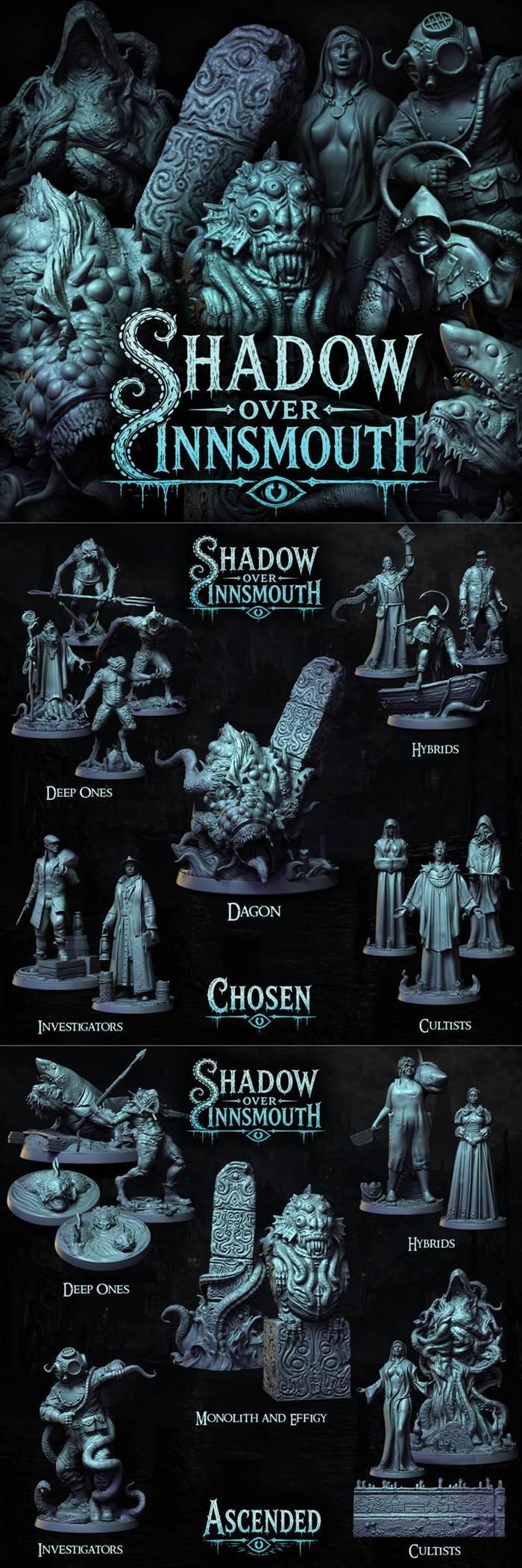 Collection of detailed 3D printable miniatures and terrain pieces from the "Shadow over Innsmouth" set by N...