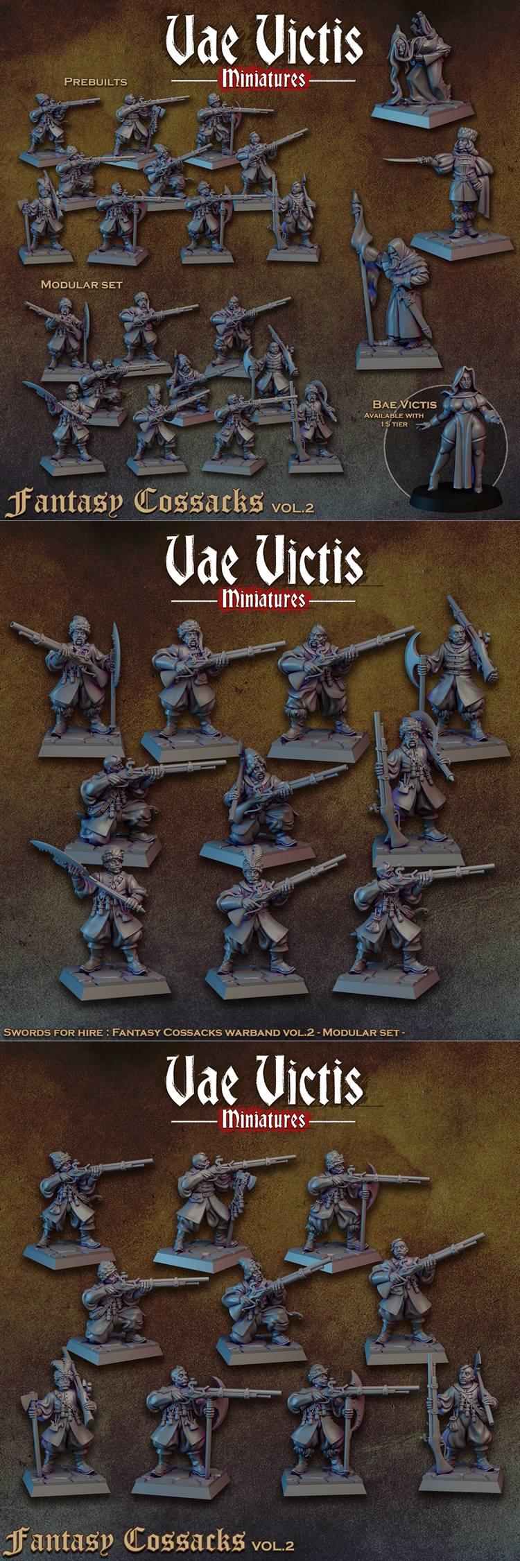 Collection of Vae Victis Miniatures' Fantasy Cossacks Vol. 2, featuring multiple 3D printed models of warriors with m...