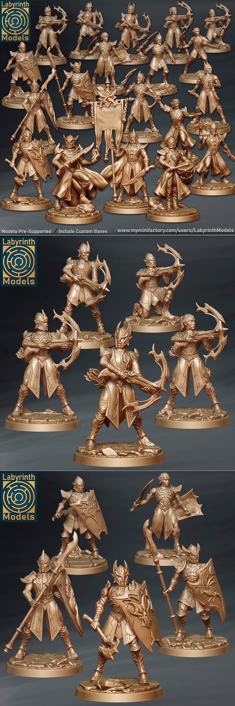 Collection of golden 3D printed dark elf miniatures in various combat poses, armed with bows, swords, shields, and sp...