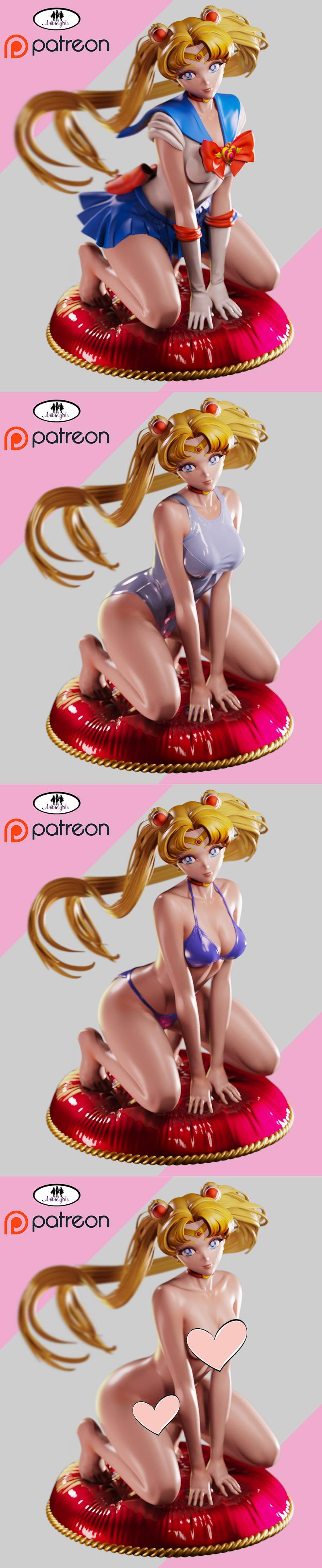 Sailor Moon kneeling on a red cushion, shown in multiple outfits including her sailor uniform, swimsuit, bikini, and...