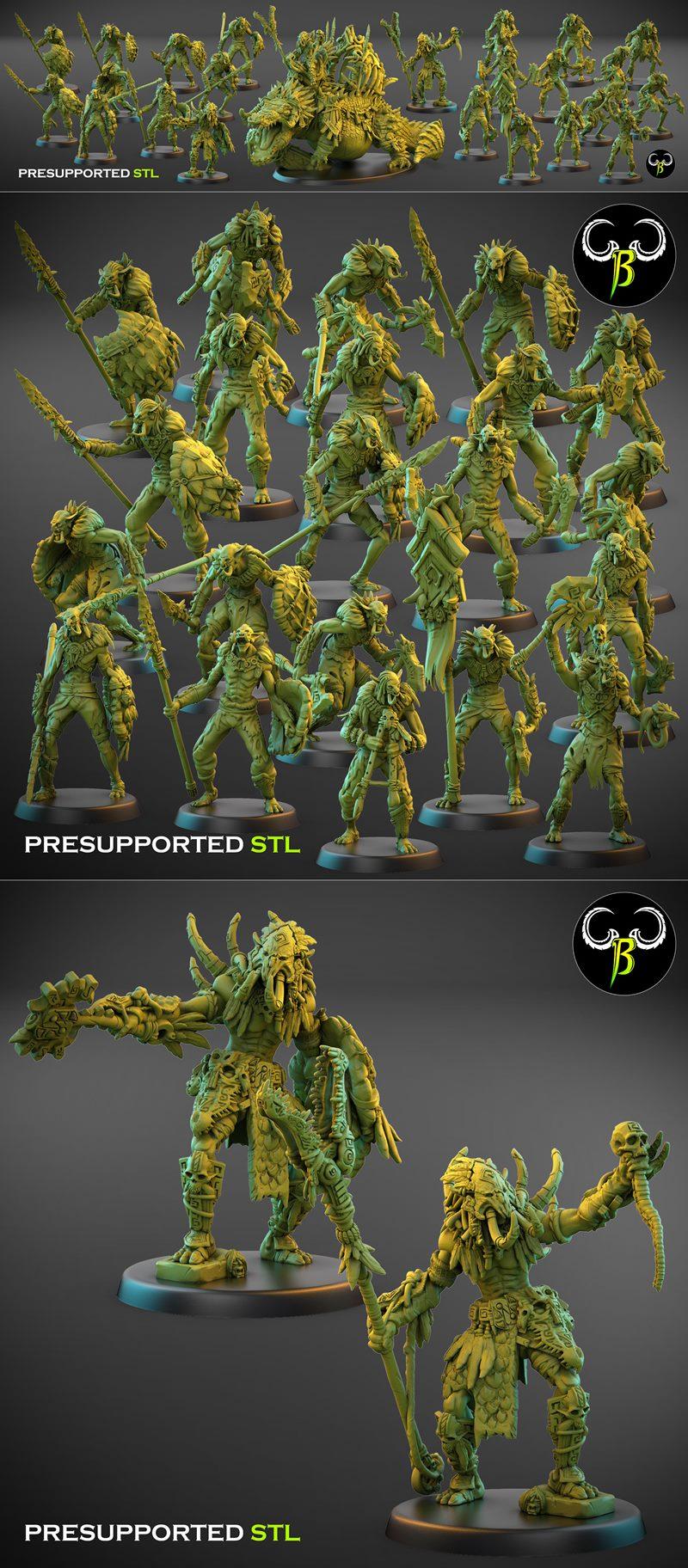Collection of pre-supported STL miniatures: a large reptilian beast and several tribal, monstrous humanoids with spea...