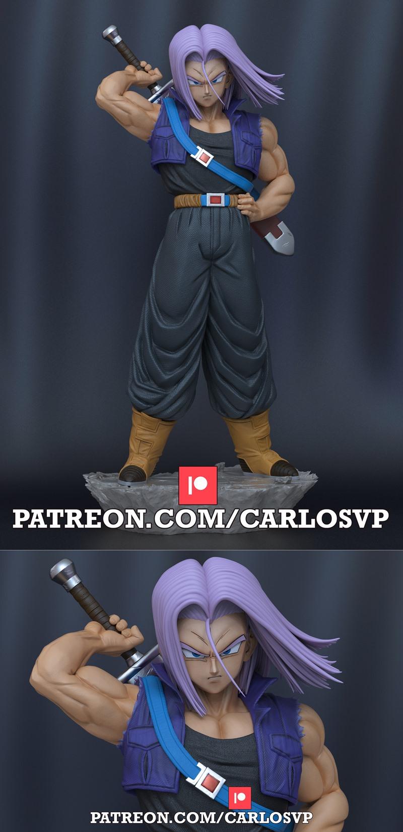 Trunks from Dragon Ball Z holding a sword, wearing a blue vest and purple hair, on a textured base.