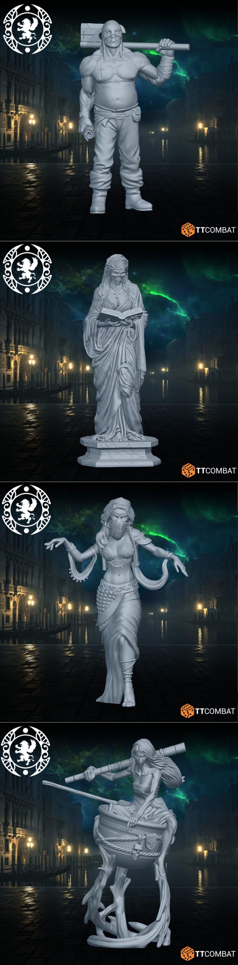 Collection of Carnevale miniatures: muscular male with hammer, robed scholar, dancer, and skeletal female figure. TTC...