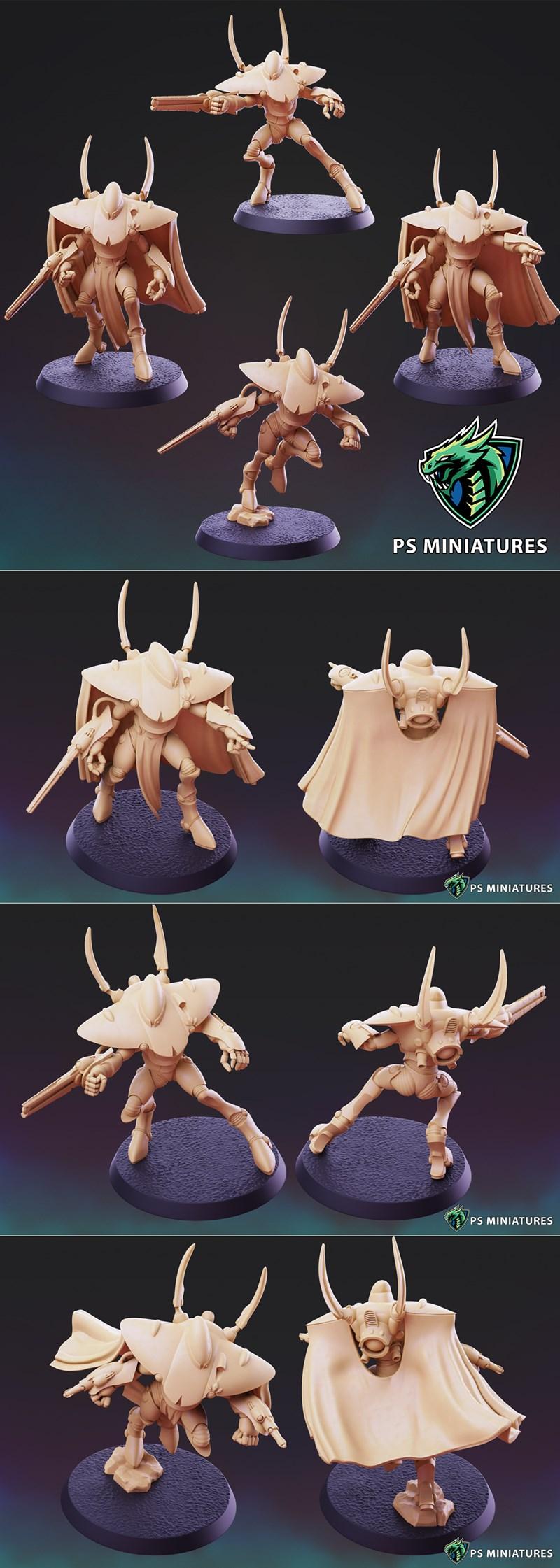 Multiple 3D printed miniatures of sci-fi elven warriors in dynamic poses, armed with guns and wearing cloaks, on text...