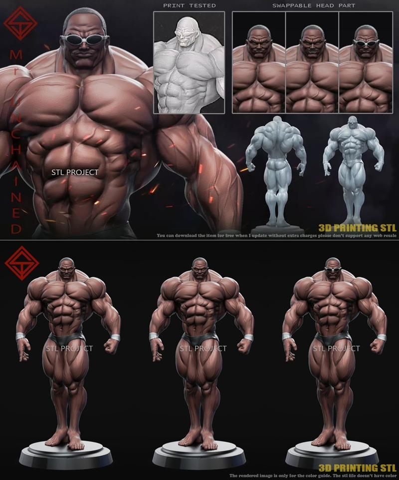 Hyper-realistic 3D model of a muscular bodybuilder named Mr Unchained, with swappable head parts and sunglasses optio...