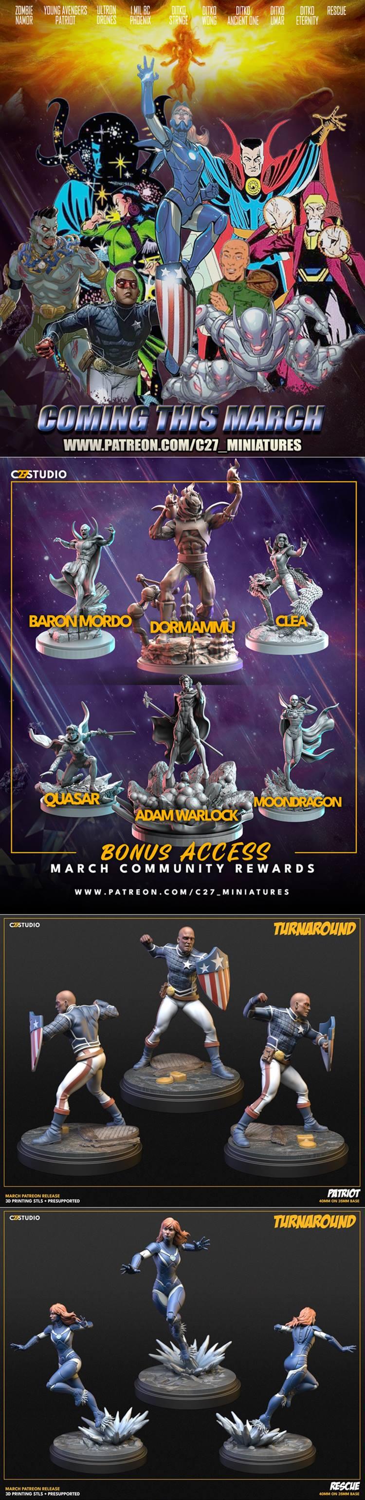 Collection of Marvel character 3D models: Patriot in action pose, Rescue on ice, Baron Mordo, Dormammu, Clea, Quasar,...