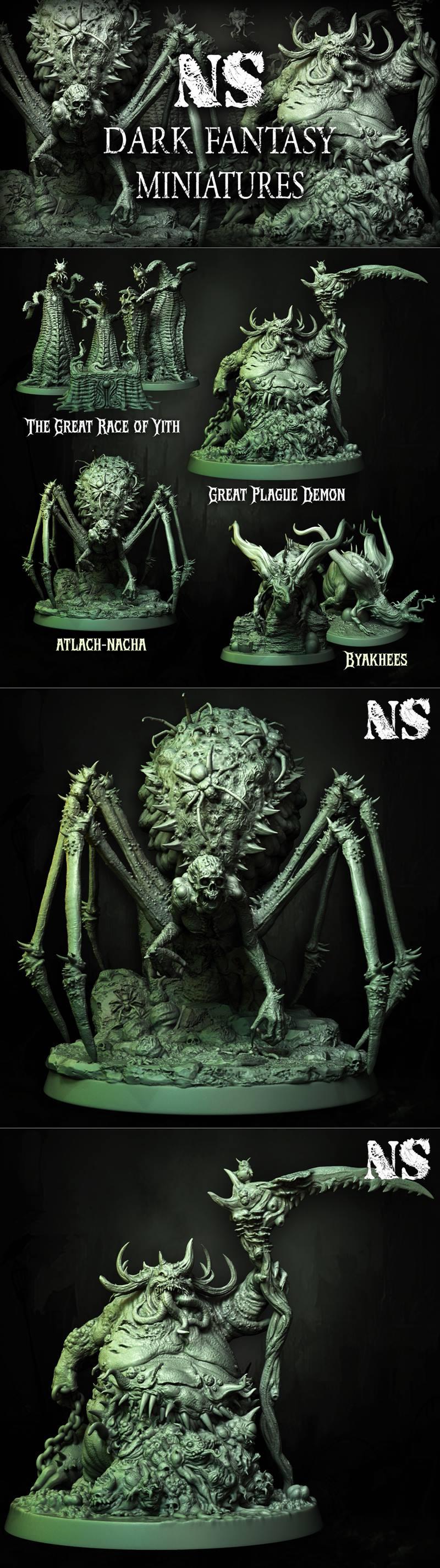 Collection of dark fantasy miniatures: Great Plague Demon, Atlach-Nacha spider-creature, Great Race of Yith figures,...