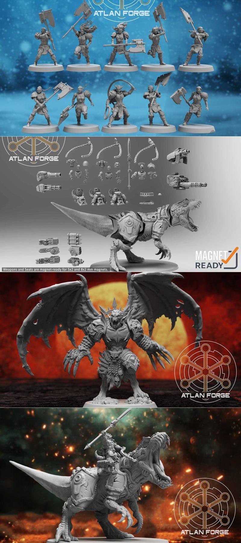 Collection of 3D printable miniatures: fantasy warriors on bases, a winged demon, and a cybernetic dinosaur with a ri...