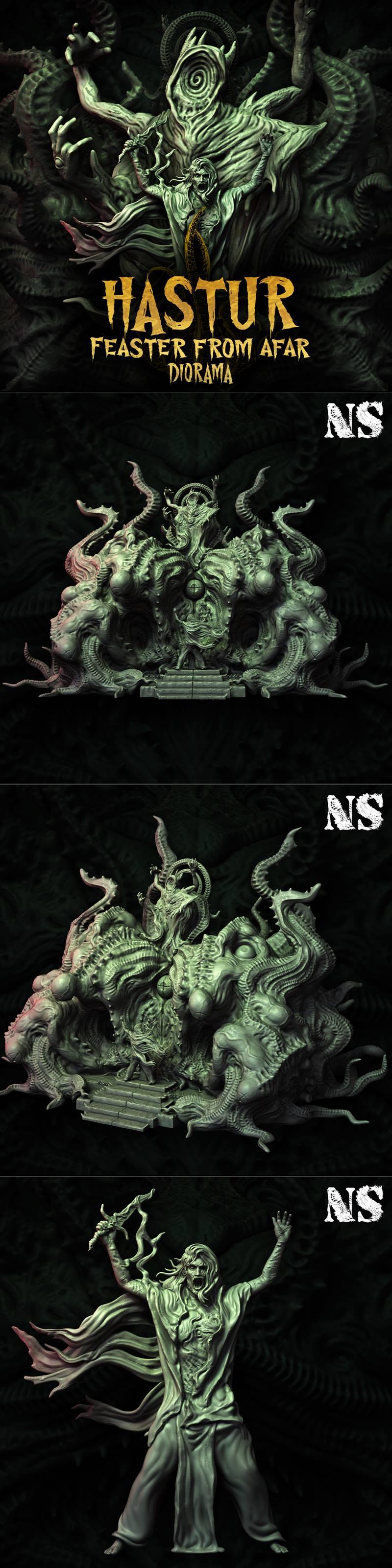 Eldritch diorama of Hastur, The Feaster From Afar, with a central monstrous entity and a separate humanoid figure, de...