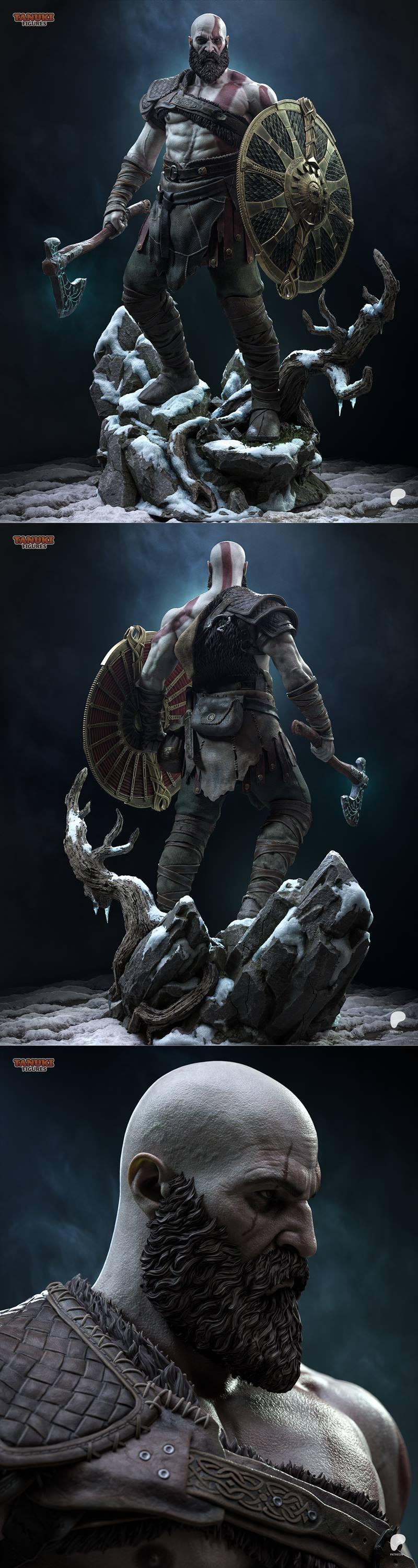 Kratos from God of War standing on a snowy base, holding an axe and shield. Detailed sculpt of a muscular warrior wit...
