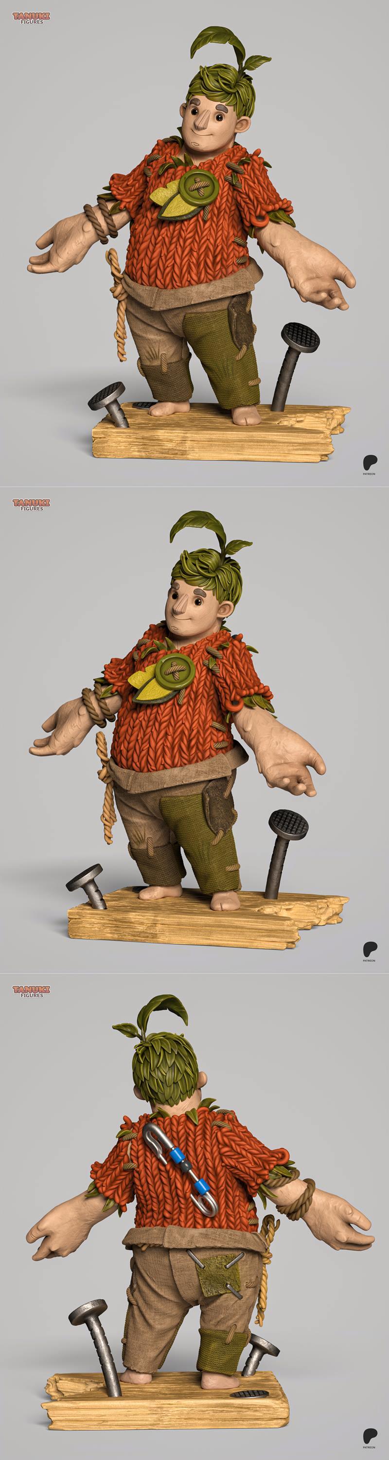 3D model of Cody from It Takes Two, wearing a knitted orange shirt and patched pants, standing on a wooden base with...