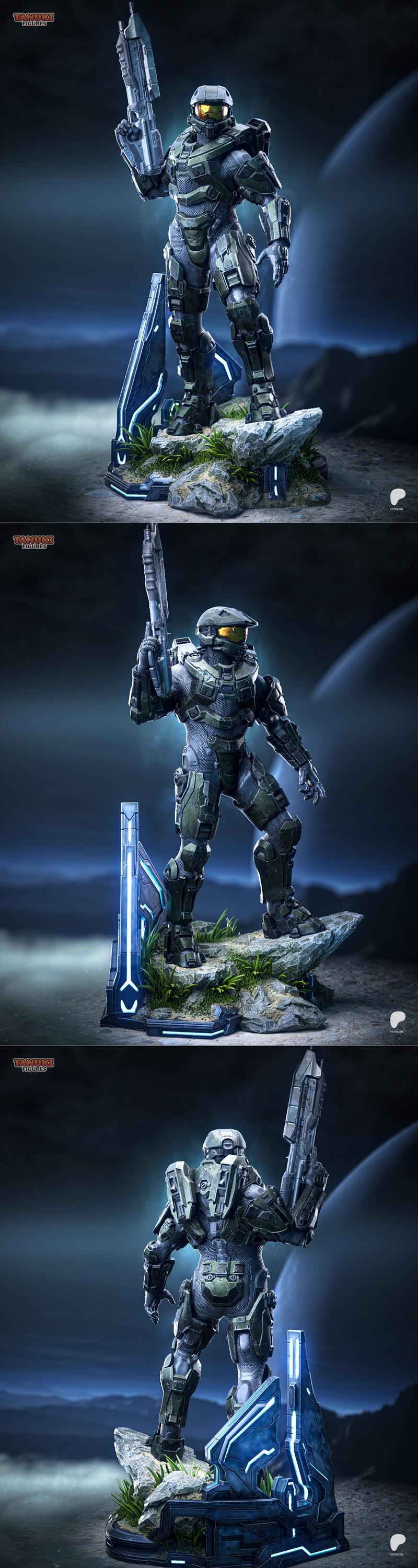 Master Chief from Halo 4 in green Mjolnir armor holding an assault rifle, standing on a rocky base with futuristic bl...