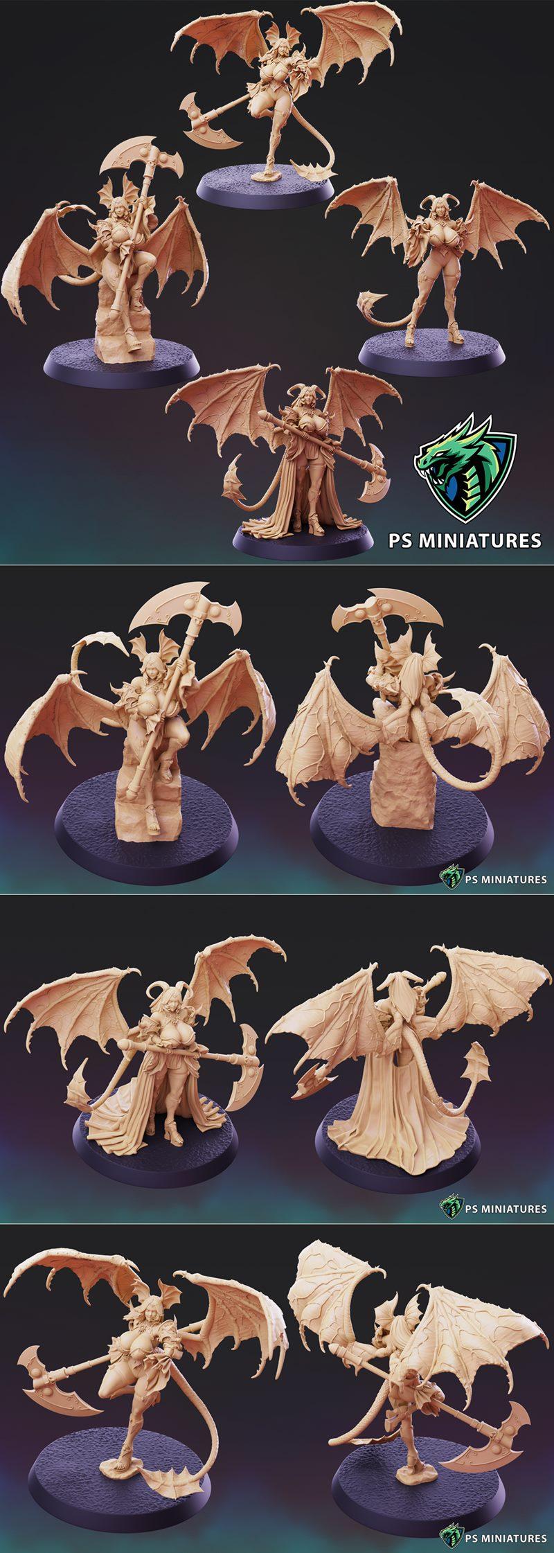 Succubus and Succubus XL 3D print miniatures by PSMiniatures. Both feature large wings, horns, tails, and scythes. On...