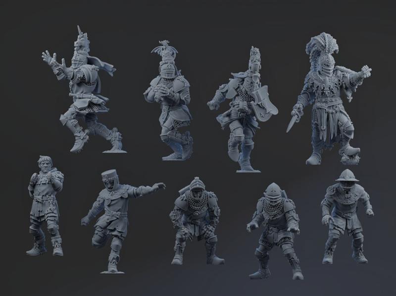 Collection of 3D printable miniatures for Blood Bowl, featuring armored fantasy warriors in various action poses, som...